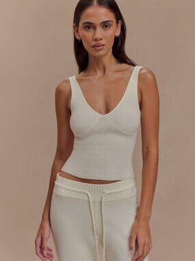 MESHKI Ivory Knit Two Piece Set Crop Tank & Wide Leg Pants Size S